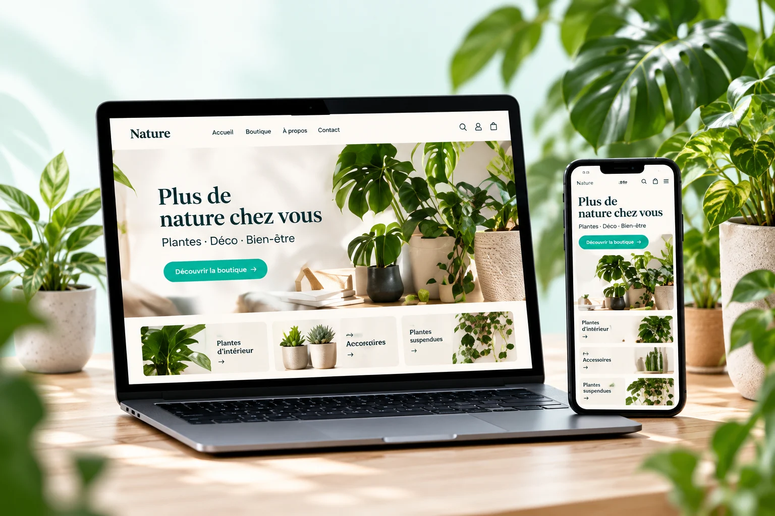 Exemple conceptuel de boutique WordPress sur ordinateur et mobile
