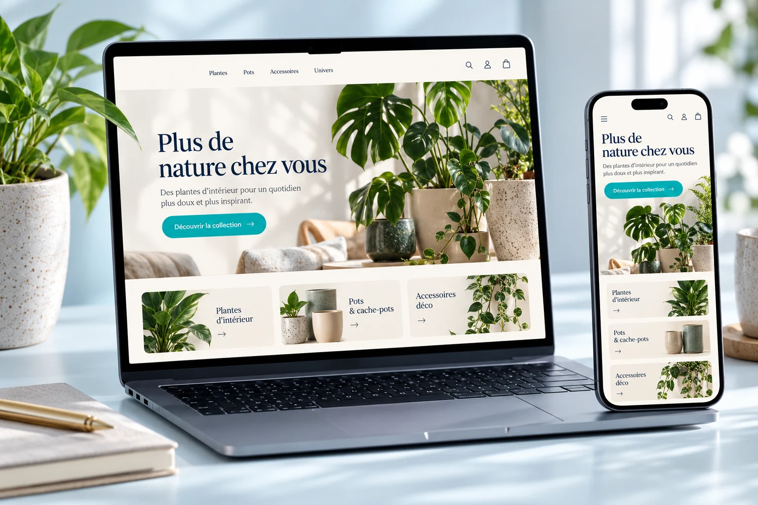 Boutique Nature : exemple conceptuel WordPress sur ordinateur et mobile